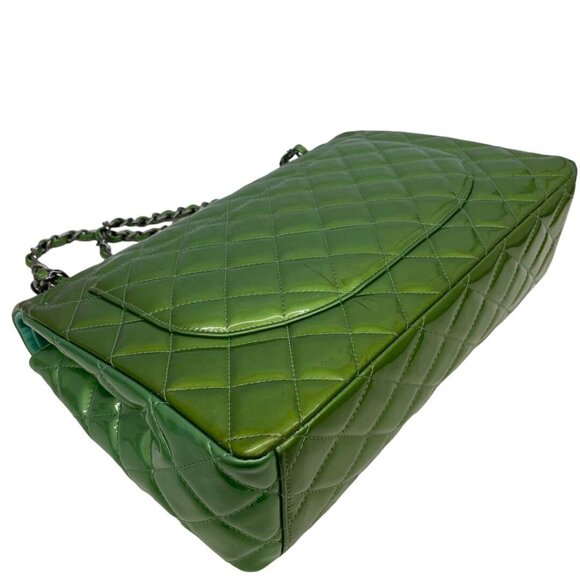 Authentic CHANEL CC Jumbo Patent Leather Classic Double Flap Bag Green Purse - Picture 10 of 16